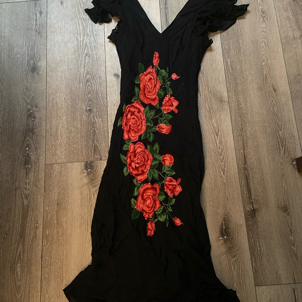 Elegant Black Maxi Dress with Vibrant Red Floral Design